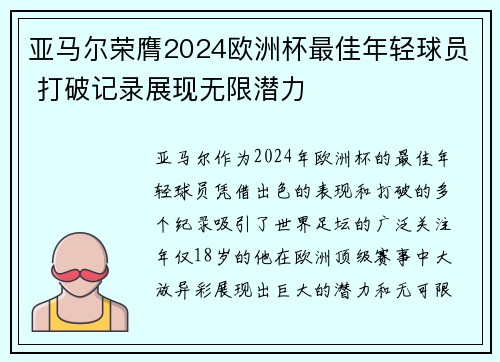 亚马尔荣膺2024欧洲杯最佳年轻球员 打破记录展现无限潜力