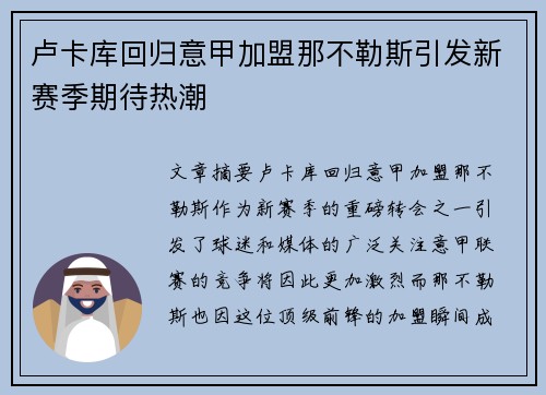 卢卡库回归意甲加盟那不勒斯引发新赛季期待热潮